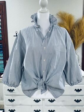 Striped Tie-Front Puff Sleeve Button-Up Shirt - Blue & White with Vintage flag